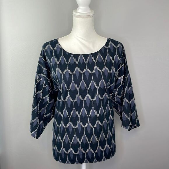 J. Jill. Pure Jill Blue Ikat Kimono Boxy Cotton Blouse. Size Small. - Picture 3 of 14